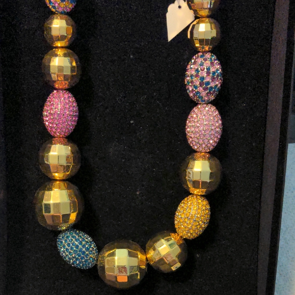 Joan Boyce Multicolor Crystal Eggs and Gold Bead Necklace
